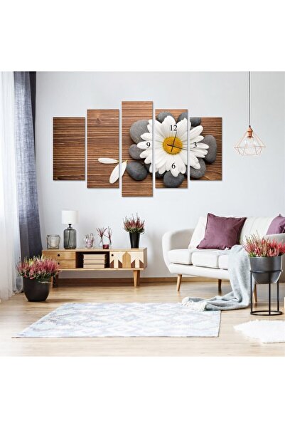 TabloLife Papatya - Saatli 5 Parçalı Kanvas Tablo