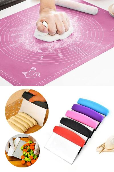 Sekiz8 بساط لف العجين من السيليكون مقاس كبير مقاس 65 × 45 سم ومجموعة ملاعق لق...