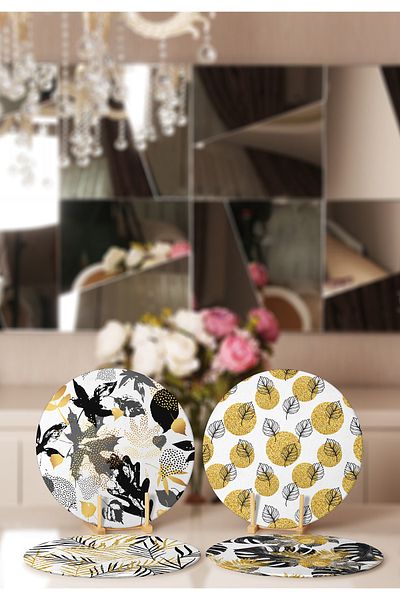 Realhomes 4-Piece White Background Gold Detailed Leaf Patterned Modern Placemat & Plate