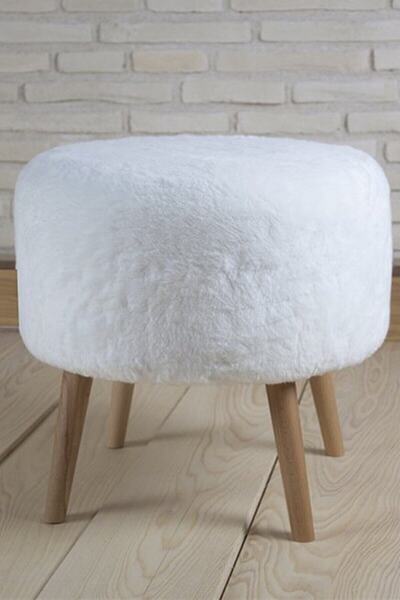 WEBPANYA Yuvarlak Beyaz Peluş Puf Ahşap Ayak