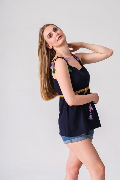 İna Sile Cloth Fabric Thin Strap Sleeve Summer Crew Neck Shoulder Waist Tassel Athlete