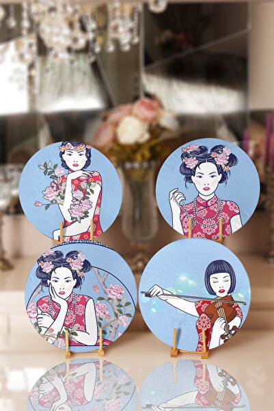 Realhomes 4'lü Mavi Zemin Etnik Kadın Figürlü Servis Altlığı & Supla