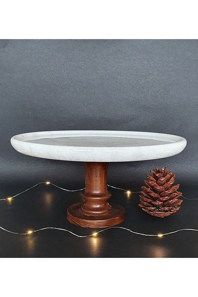 Panoramas Home Natural Marble Pastry Cake Stand with Wooden Legs
