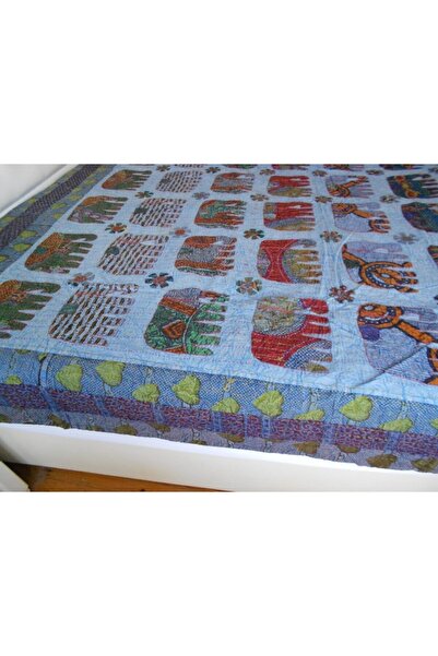 Butik Tülin Otantik Viskoz Mavi Taşlama Çok Renkli Fil Aplikeli Iki Kişilik Yatak Örtüsü