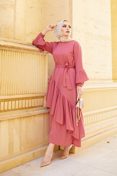 festmoda Women's Pink Asymmetric Ruffle Detailed Dress