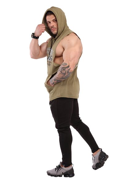 Big Sam Men's Fitness Athlete Hooded Sleeveless Top Khaki 2305