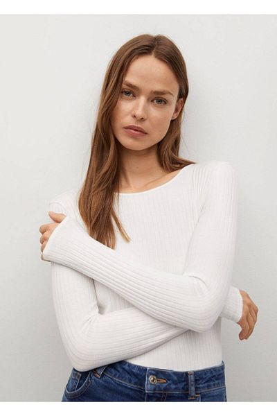 MANGO Woman Ecrufarbenes, rückenfreies Langarm-T-Shirt für Damen