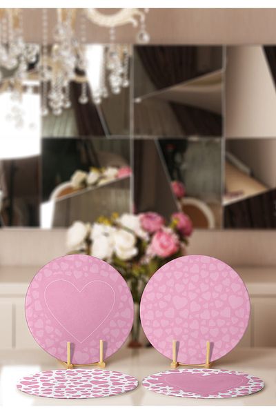Realhomes 4-Piece White & Pink Floor Heart Designed Placemat & Supla
