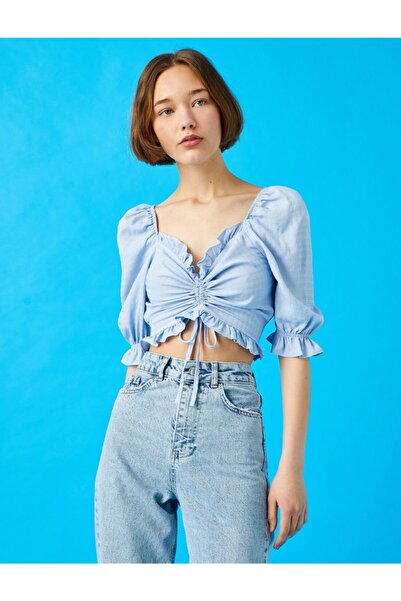 Koton Blue Balloon Sleeve Crop Μπλούζα - Gathered, 1YAL68013IW