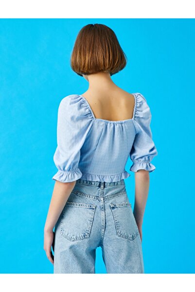 Koton Blue Balloon Sleeve Crop Μπλούζα - Gathered, 1YAL68013IW