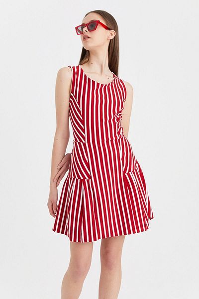 Hanna's by Hanna Darsa Women's Red-white Sleeveless Cup Bell Knitted Dress