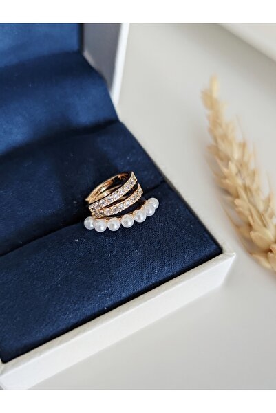 SU PERİSİ TAKI BİJUTERİ Gold 3 Sıra Zirkon Taşlı, Incili Earcuff ( Kıkırdak Küpe )