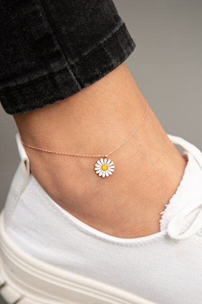 Elika Silver Kadın Rose Kaplama Mineli Papatya Model 925 Ayar Gümüş Halhal