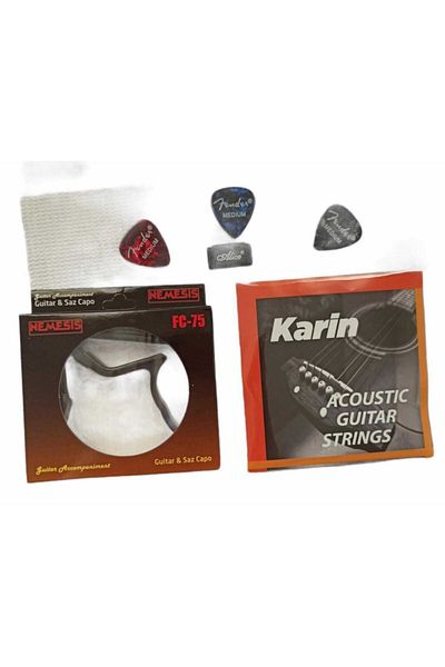 Nemesis FC-75 Saz Guitar Kapo + Karin Acoustic Guitar String + Plectrums Holder + 3 Fender Plectrums