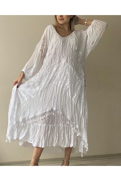Sosyete Kaplumbağa Women's White Authentic Voile Cotton Guipure and Lace Detailed Long Sleeve Maxi Dress