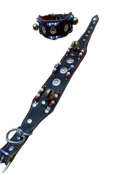 Sürmeli Tasma Swallow Black Leather Dog Collar with 2 Bells