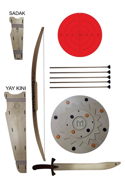 Ahtek Natural Wooden Arrow Bow and Shield Set 7 Pieces, Shield + Sword + Bow + 5 Arrows + Bow Scabbard + Quiver + Target
