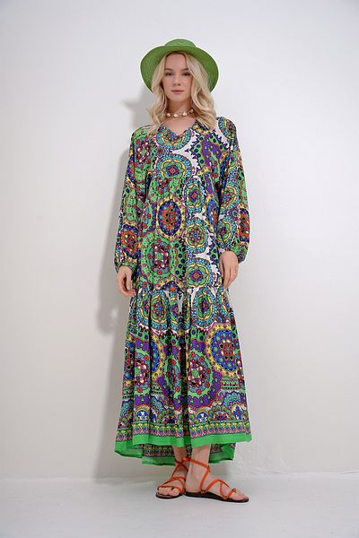 Trend Alaçatı Stili Women's Green V-Neck Skirt Flounced Balloon Sleeve Patterned Woven Dress ALC-X12016
