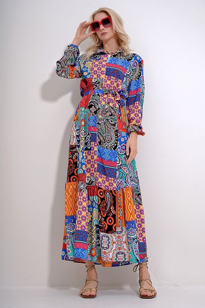 Trend Alaçatı Stili Women's Orange Stand Collar Waist Belted Skirt Flounced Patterned Woven Viscose Dress ALC-X12033