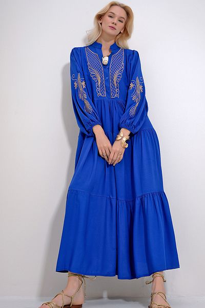 Trend Alaçatı Stili Dámské Saks Judge Collar Třpytivé výšivky Maxi délka Tkané šaty ALC-X11992