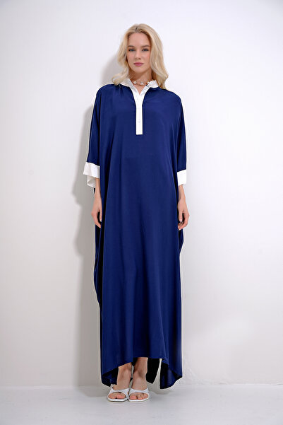 Trend Alaçatı Stili Dámské tkané šaty Maxiboy s vysokým límcem a vysokým límcem v námořnické modré barvě ALC-X12006