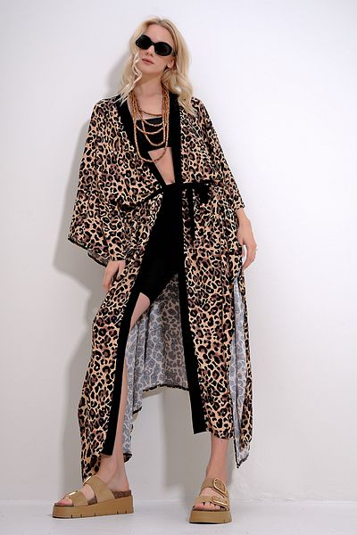 Trend Alaçatı Stili Women's Beige Leopard Patterned Bellows Belted Maxi Length Kimono Caftan ALC-X11994