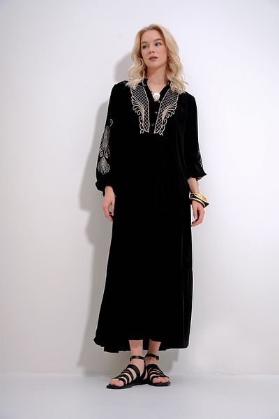 Trend Alaçatı Stili Women's Black Judge Collar Glitter Embroidery Maxi Length Woven Dress ALC-X11992