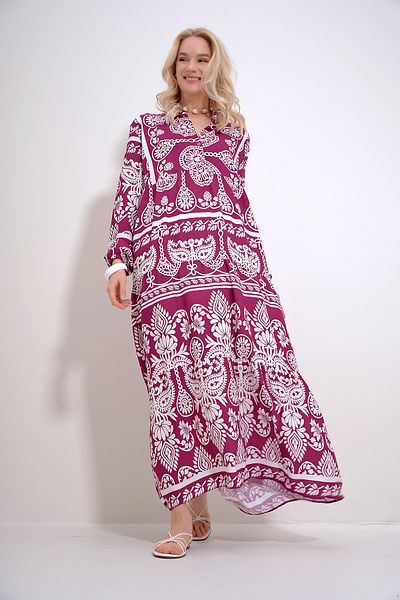Trend Alaçatı Stili Rochie de damă, roz, cu nasturi robot, detaliată cu voluri, cu model, țesut din viscoză ALC-X12036