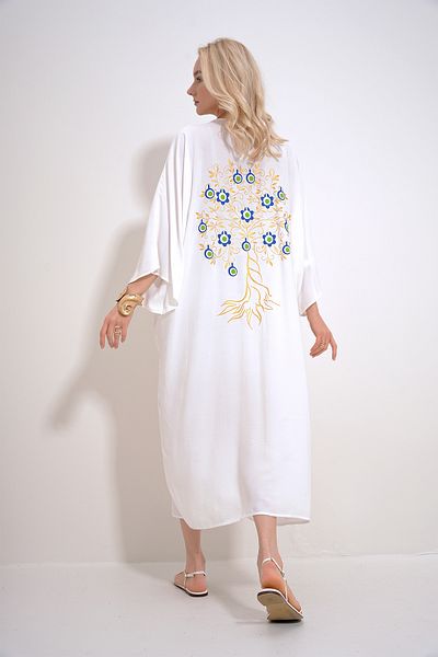 Trend Alaçatı Stili Women's White Back and Pockets Wishing Tree Printed Buttoned Front Woven Viscose Dress ALC-X12011