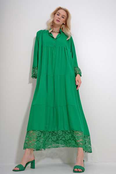 Trend Alaçatı Stili Γυναικείο φόρεμα Maxiboy με κουμπιά με κουμπιά, πράσινο μαγευτικό γιακά ALC-X12005