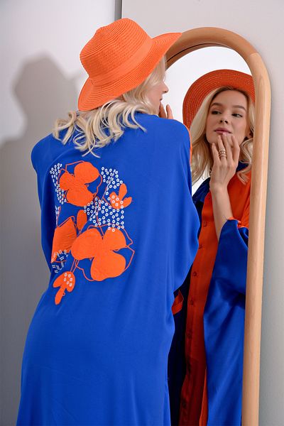 Trend Alaçatı Stili Women's Orange Saks Prevailing Collar Color Block Embroidered Double Pocket Woven Viscose Dress ALC-X12017