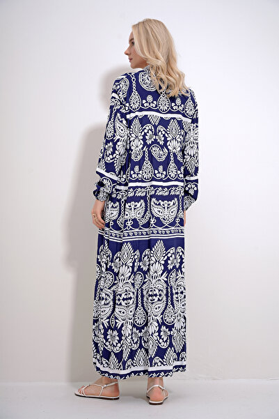 Trend Alaçatı Stili Női sötétkék robotgombos, hajlított mintás szőtt viszkóz ruha ALC-X12036