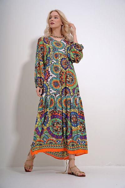 Trend Alaçatı Stili Women's Orange V-Neck Skirt Flounced Balloon Sleeve Patterned Woven Dress ALC-X12016