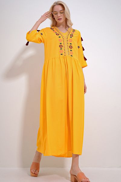 Trend Alaçatı Stili Women's Yellow V-Neck Embroidered Tassel Detailed Woven Dress ALC-X12018
