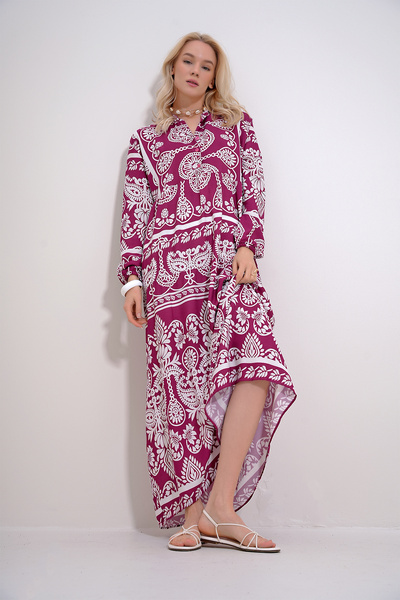 Trend Alaçatı Stili Γυναικείο φόρεμα με ροζ ρομπότ με λεπτομέρεια με υφασμένο σχέδιο βισκόζης ALC-X12036