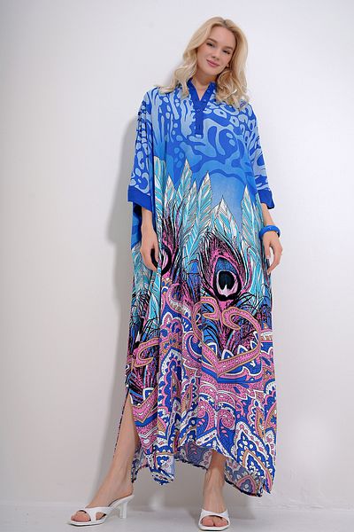 Trend Alaçatı Stili Rochie Saks pentru damă, cu guler magnific, cu mâneci liliac, cu model, lungime maxi, țesută cu fante laterale ALC-X12013