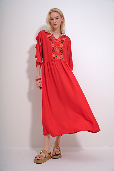 Trend Alaçatı Stili Women's Red V-Neck Embroidered Tassel Detailed Woven Dress ALC-X12018