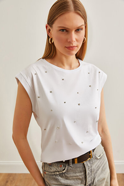 Olalook Γυναικείο μπλουζάκι από λευκή πέτρα με λεπτομέρειες από βαμβάκι TSH-19000812