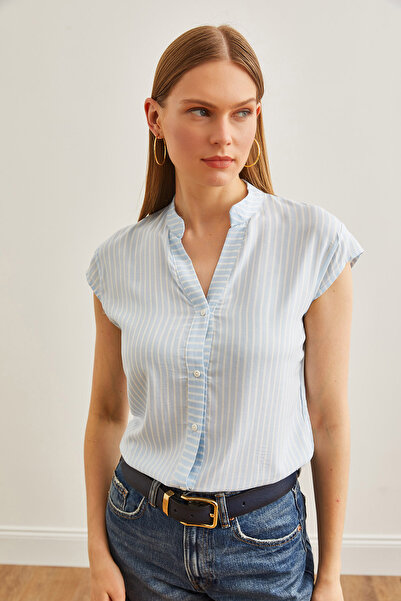 Olalook Γυναικείο πουκάμισο από βισκόζη με ριγέ με λαιμόκοψη σε λευκό GML-19000188