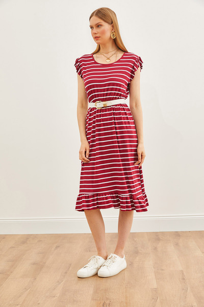 Olalook Women's Burgundy White Shoulder Skirt Ruffle Detailed Elastic Waist Knitted Viscose Dress ELB-19002147