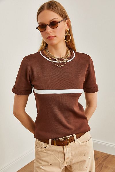 Olalook Γυναικεία πλεκτά μπλούζα Bitter Brown ριγέ Crew Neck BLZ-19002209