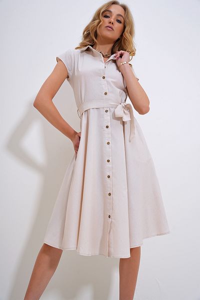 Trend Alaçatı Stili Rochie cămașă din in, bej, fără mâneci, ALC-X6056