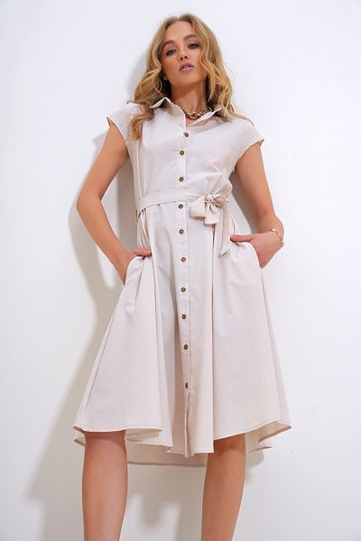 Trend Alaçatı Stili Rochie cămașă din in, bej, fără mâneci, ALC-X6056