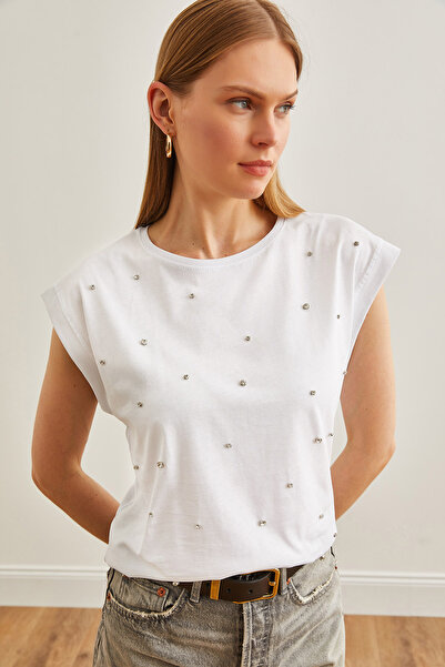 Olalook Γυναικείο μπλουζάκι από λευκή πέτρα με λεπτομέρειες από βαμβάκι TSH-19000812