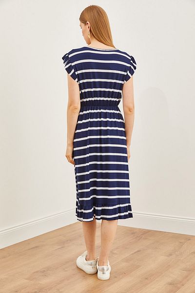 Olalook Γυναικεία βολάν φούστα ώμου Navy Blue White Λεπτομερής ελαστική μέση φόρεμα βισκόζης ELB-19002147