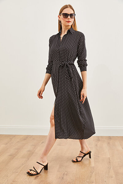 Olalook Women's Black Long Sleeve Buttoned Woven Viscose Shirt Dress ELB-19002161