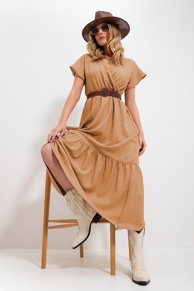 Trend Alaçatı Stili Γυναικεία φούστα Camel με γιακά με διπλό στήθος με ζώνη flounce υφαντό φόρεμα Aerboin Alc-X11711