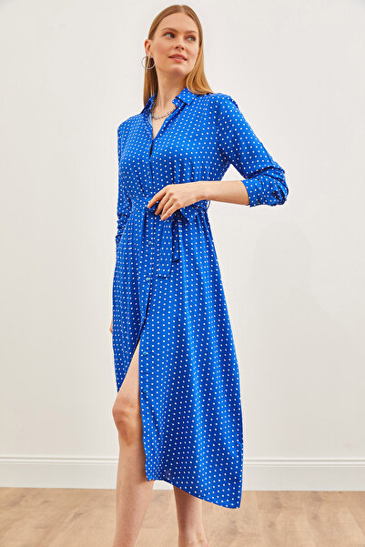 Olalook Γυναικεία Saks Μπλε μακρυμάνικο πουκάμισο με κουμπιά υφασμένο από βισκόζη φόρεμα ELB-19002161