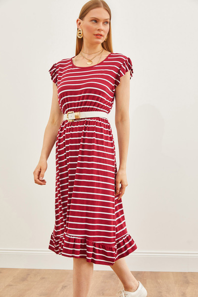 Olalook Women's Burgundy White Shoulder Skirt Ruffle Detailed Elastic Waist Knitted Viscose Dress ELB-19002147