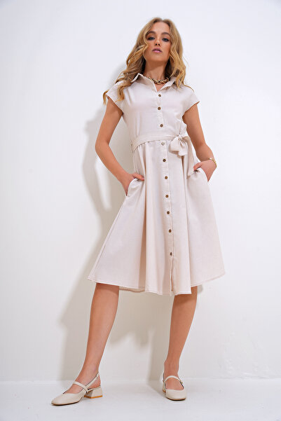 Trend Alaçatı Stili Dámské béžové lněné košilové šaty bez rukávů ALC-X6056